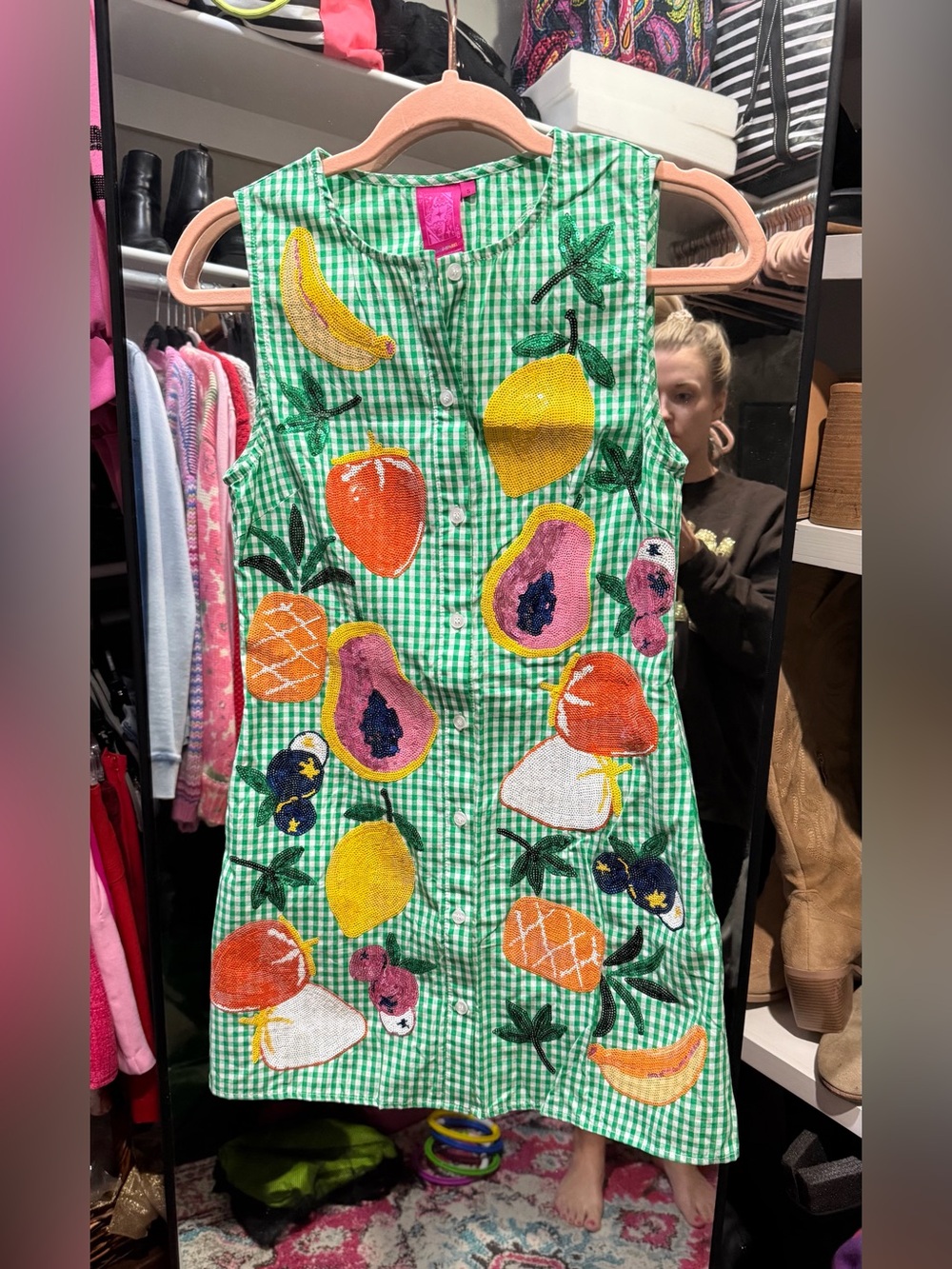 QUEEN OF SPARKLES Green Gingham Fruit Appliqué Dress